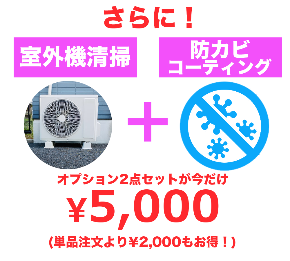 室外機清掃と防カビコートのオプション2点セットがお得な5000円！